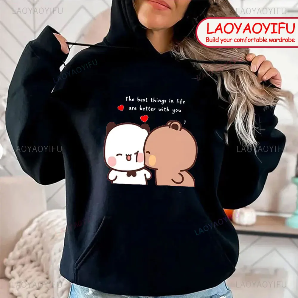 Panda Bear Bubu Dudu Love Heart Sweatshirts Couple Clothing Unisex Casual Streetwear Kawaii Printing Drop Shoulder Sweatshirt