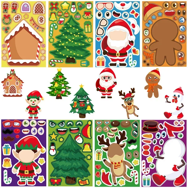 8 pçs adesivos de quebra-cabeça de natal crianças dos desenhos animados santa boneco de neve árvore de natal adesivos decoração de festa diy montar adesivos à prova dwaterproof água