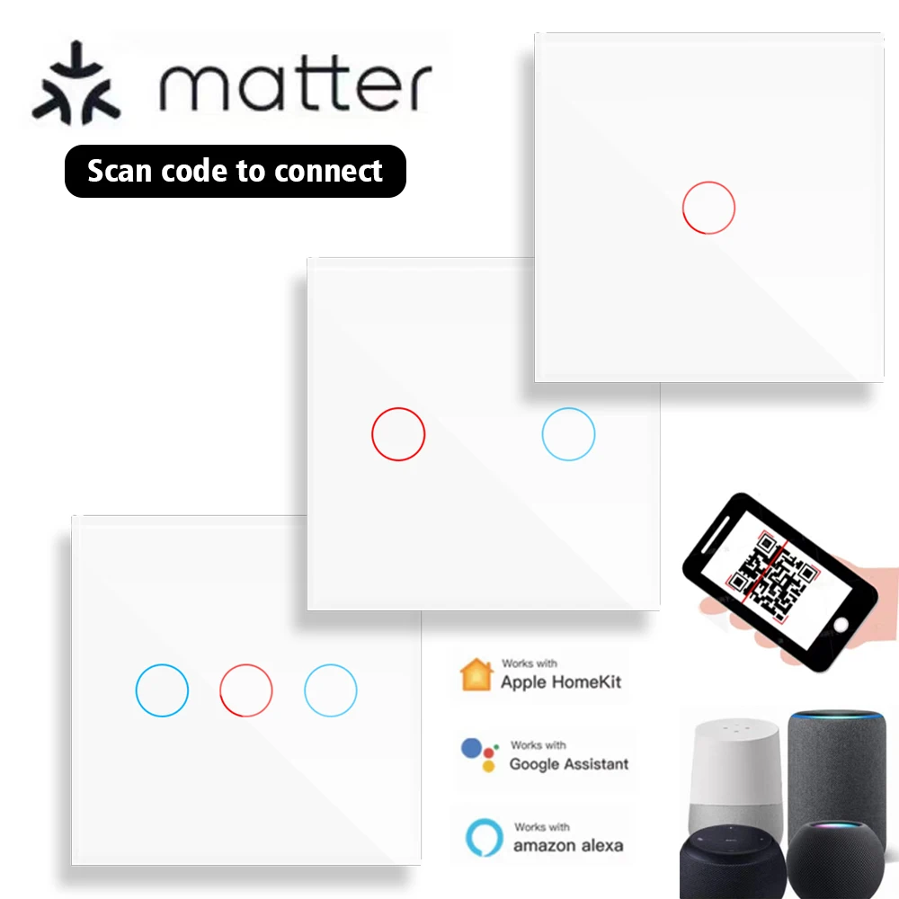 

Matter No APP smart switch Alexa Google required Intelligent Control Scan QR Code to Connect Touch Light tempered glass Switch