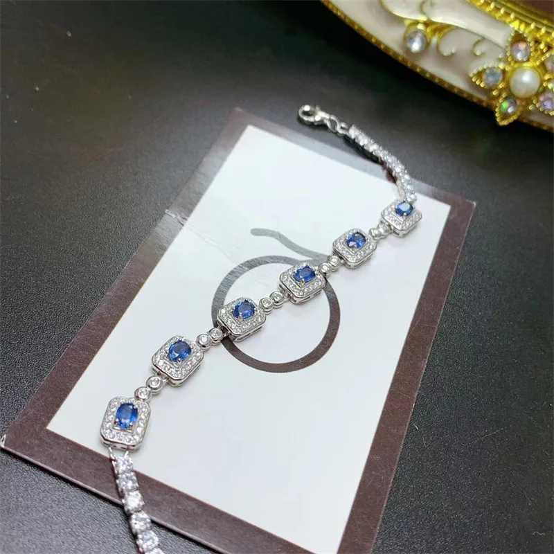 

925 Silver Natural Sapphire Bracelet Gemstone Genunie Fine Jewelry with Certificate 15+3cm