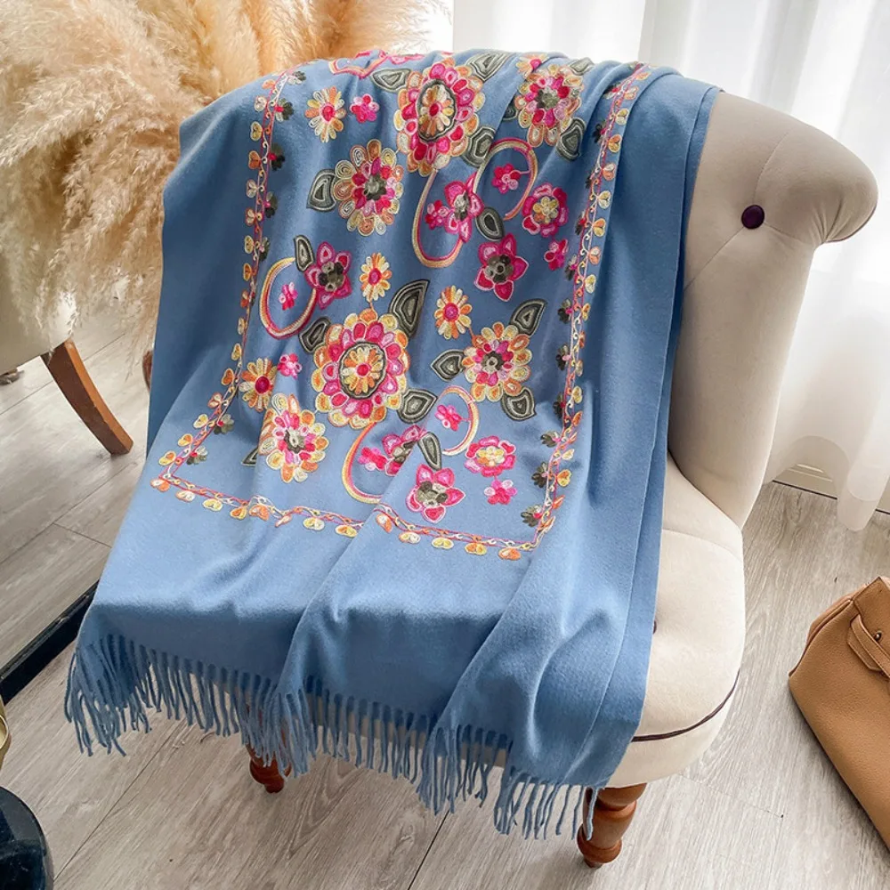 Cashmere Feel Women Scarf Warm Texture Embroider Flower Floral Embroidered Shawl Breathable Versatile Warm Shawl