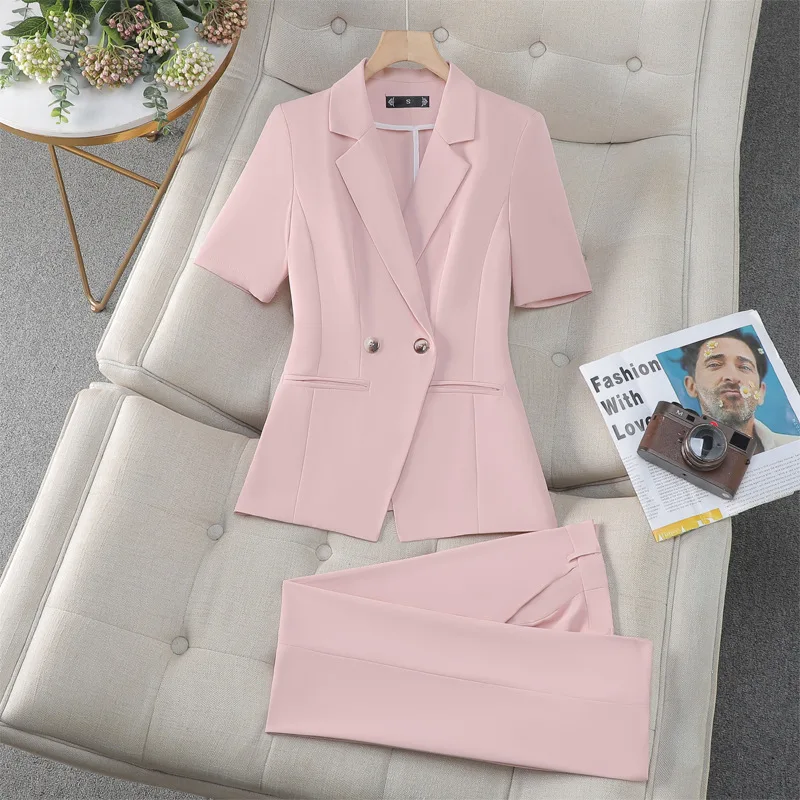 

Pink Short Sleeve Suit Women2024Summer New High-Grade Slim Fit Temperament Office Wear Work Clothes Suit