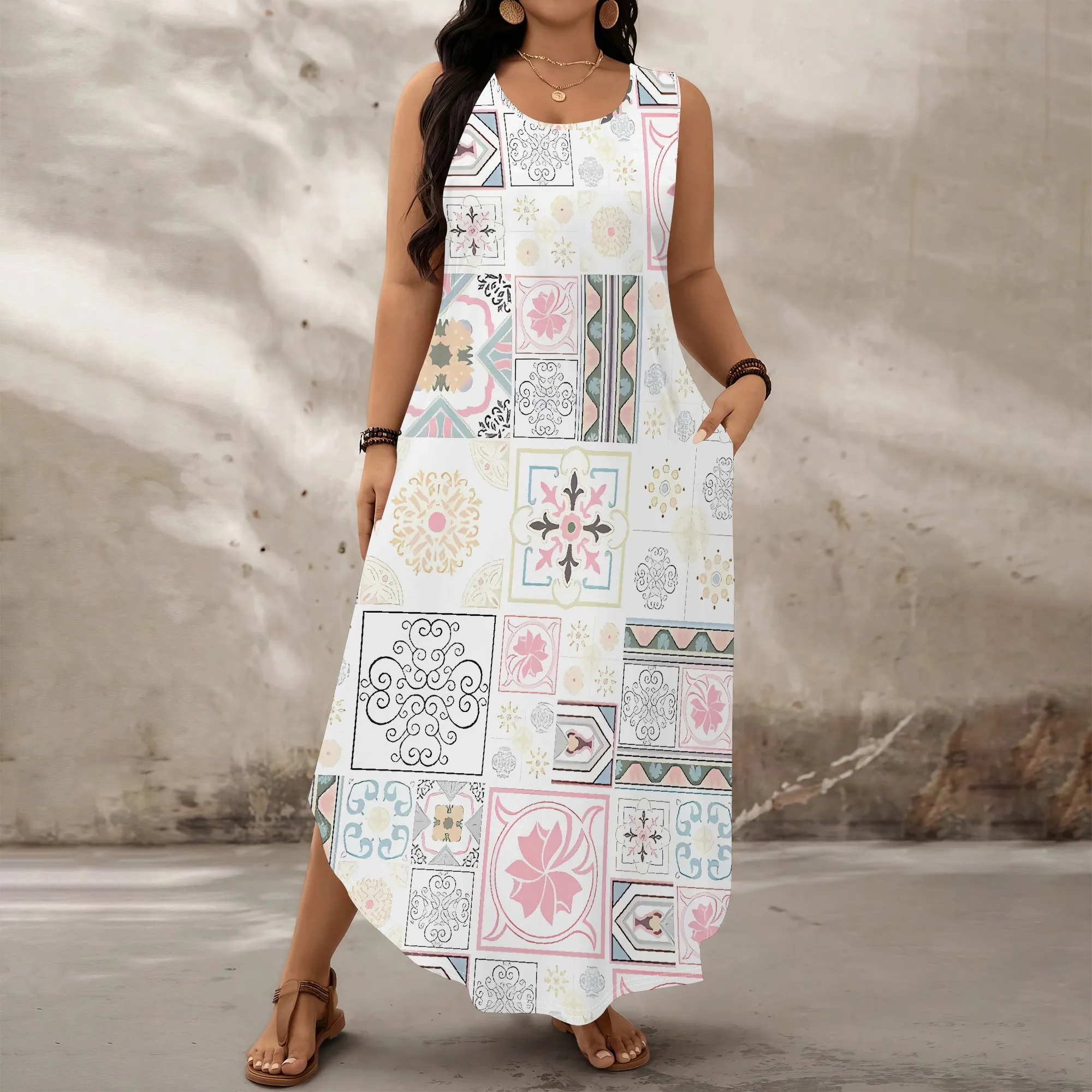 EQQZD 플러스 사이즈 민소매 와이드 숄더 스트랩 드레스, 여성용 현대 보헤미안 패치워크 맥시 드레스