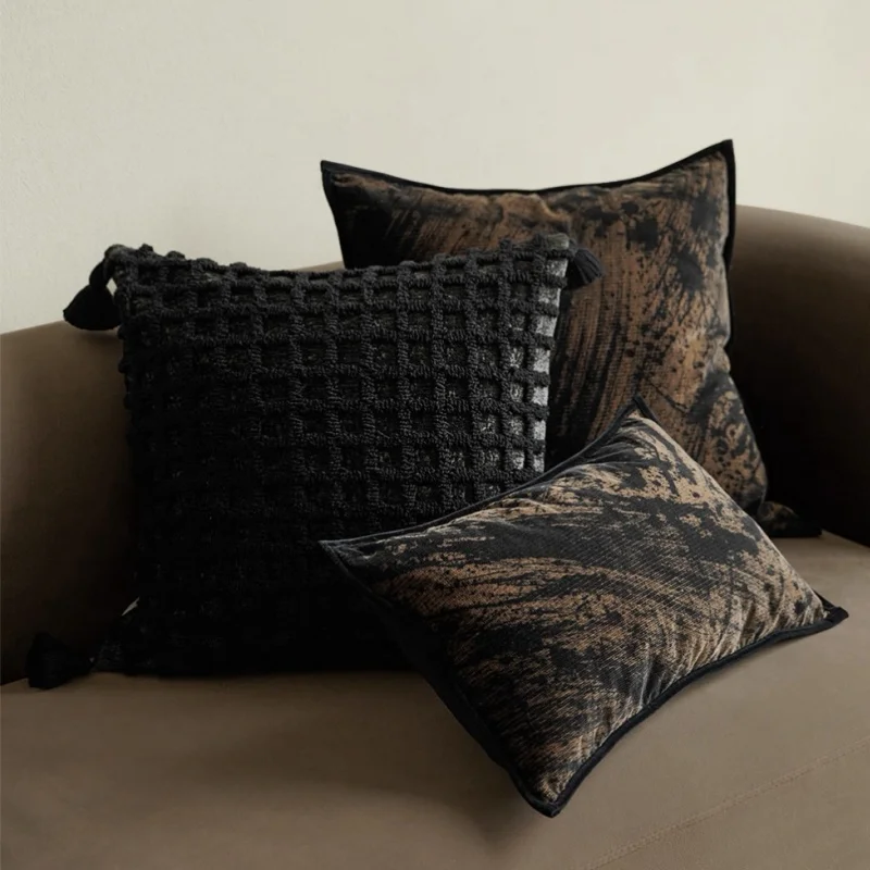 Brown Black Pillows Abstract Painting Cushion Case Retro Luxury Geometric Tassel Decorative Pillow Cover For Sofa Chair Home Dec