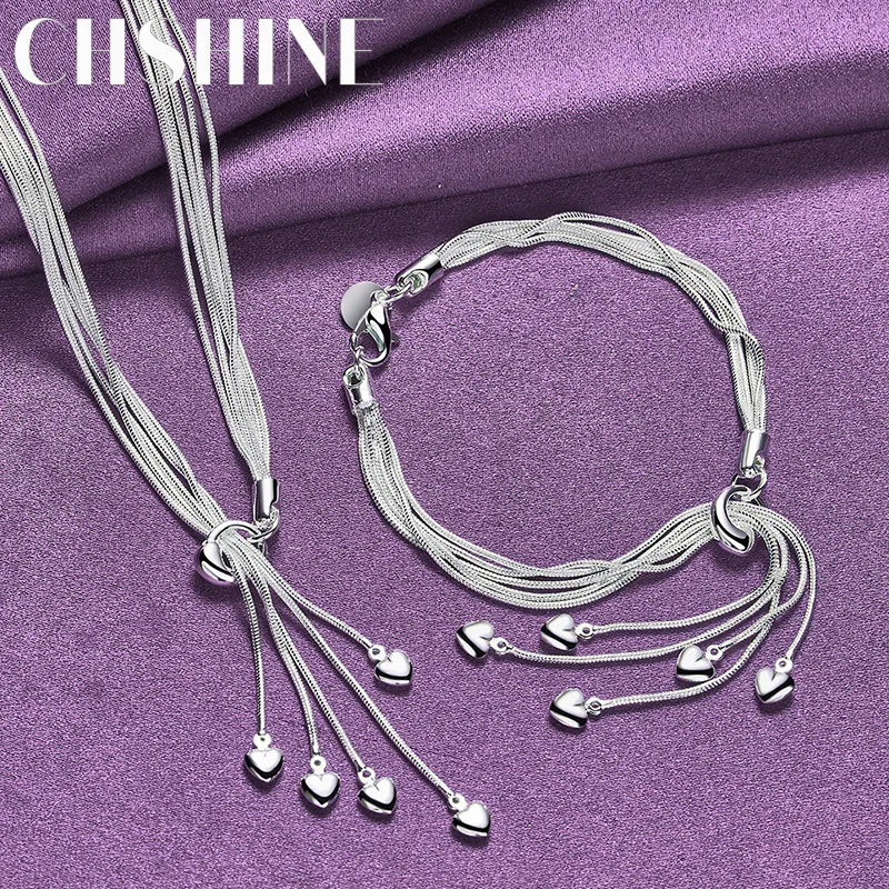 

CHSHINE 925 Sterling Silver Five Snake Chain Heart Bracelet Necklace For Women Lovers Wedding Party Fashion Charm Jewelry Set