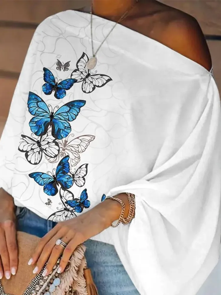 Top de manga larga con hombros descubiertos para mujer, Top Sexy con cuello de una pieza, estampado Digital, nueva moda, primavera y otoño
