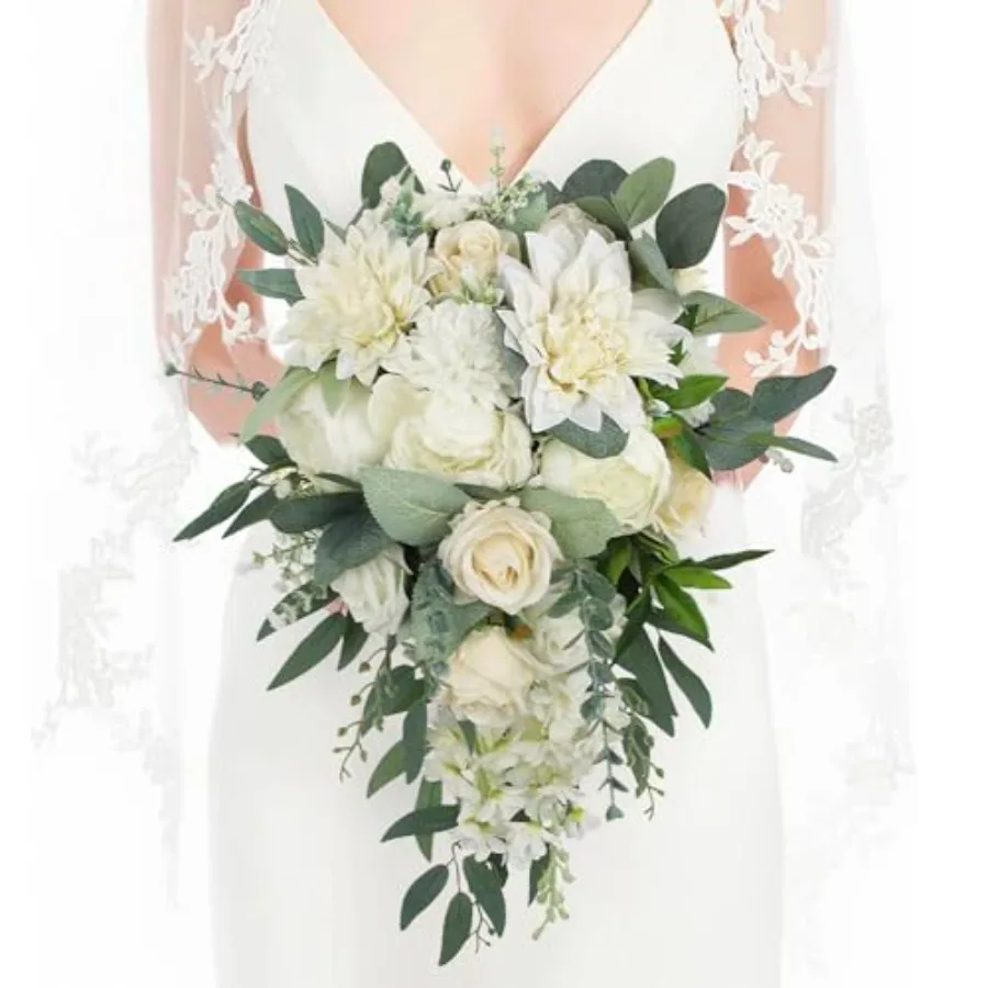 

White Green Cascade Bouquet Wedding Bouquets for Bride Cascading Wedding Bouquet Bridal Bouquet Artificial Flowers