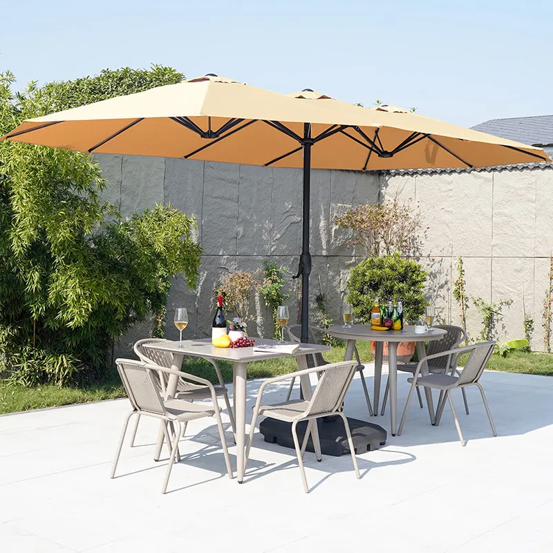 Outdoor Parasol Garden Solar Light Three-headed Central Pillar Umbrella Outdoor Villa Cafe Stall Umbrella