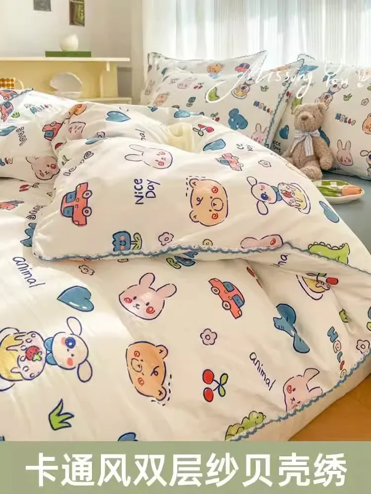 

Washed Cotton Double Gauze Bed Sheet Four-piece Cartoon Quilt Cover Cover Non-cotton Cotton Bedding Three