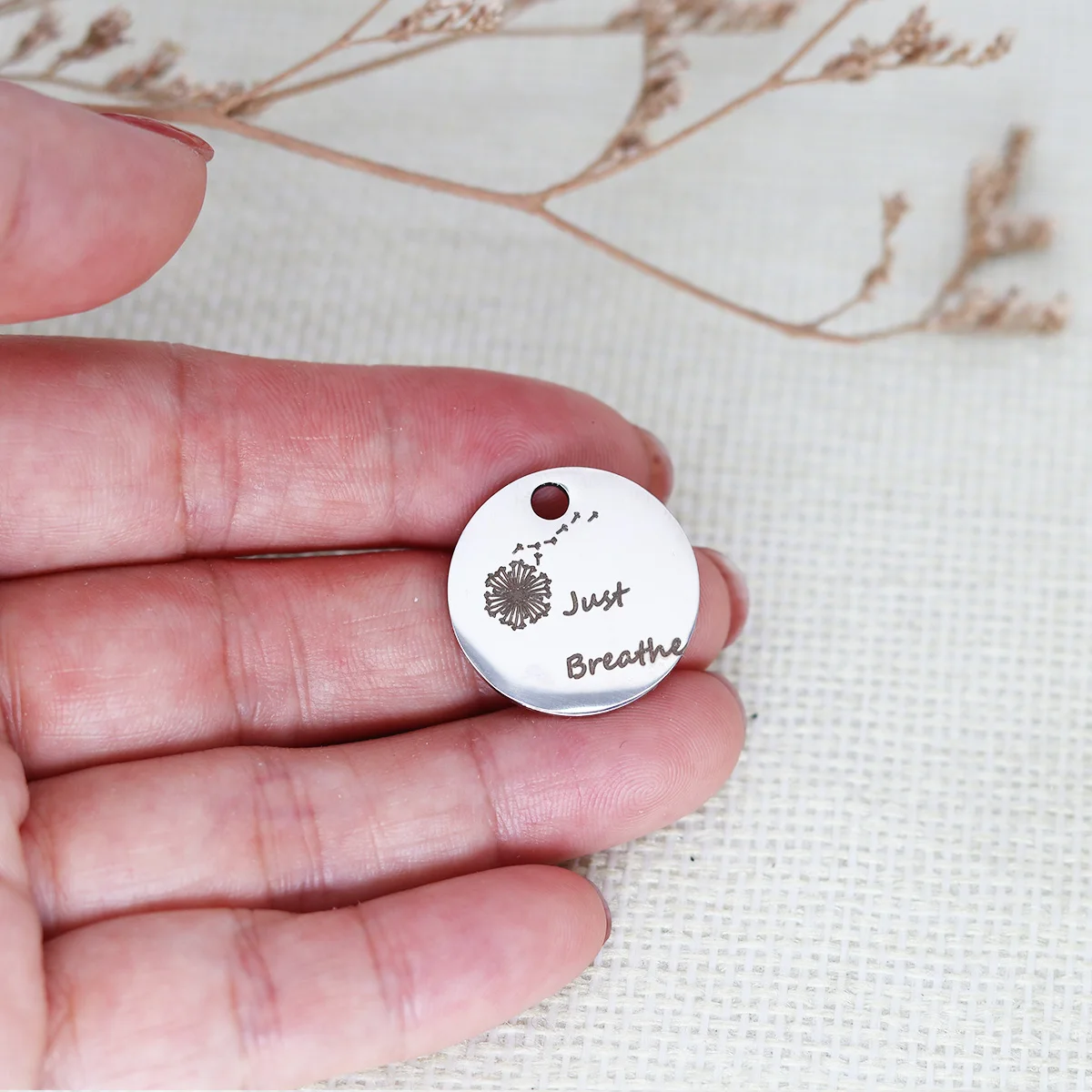 3pcs/Lot Just Breathe Laser Engraved Disc Message Charm High Polish Mirror Surface Pendants Handmade Craft Material