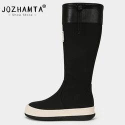 JOZHAMTA Size 35-39 Women Rain Boots Mid Calf Real Leather Thick Heels Platform Shoes Waterproof Hiking Camping Knee Long Boots