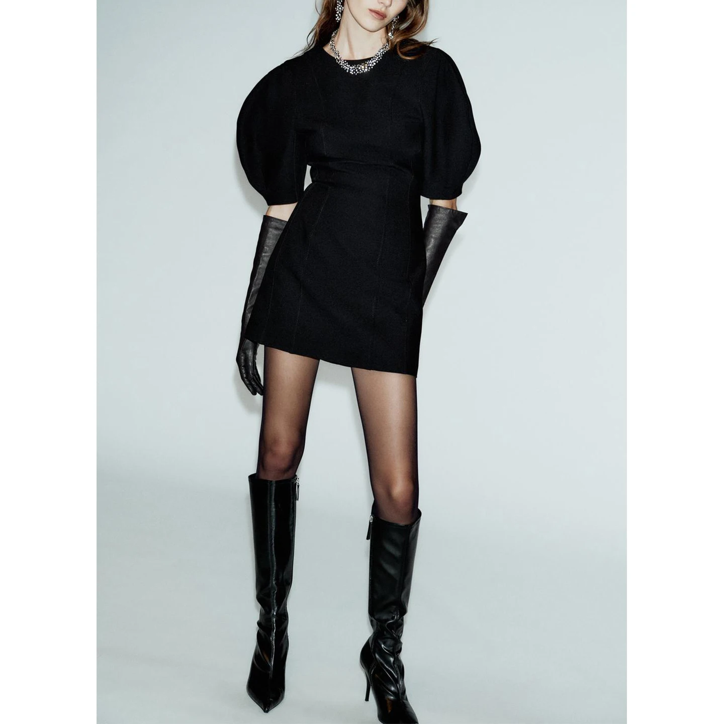 Inverno novo feminino hepburn sle ort sve redondo ne bolha sve ort dr linha de costura decoração ci commute dr