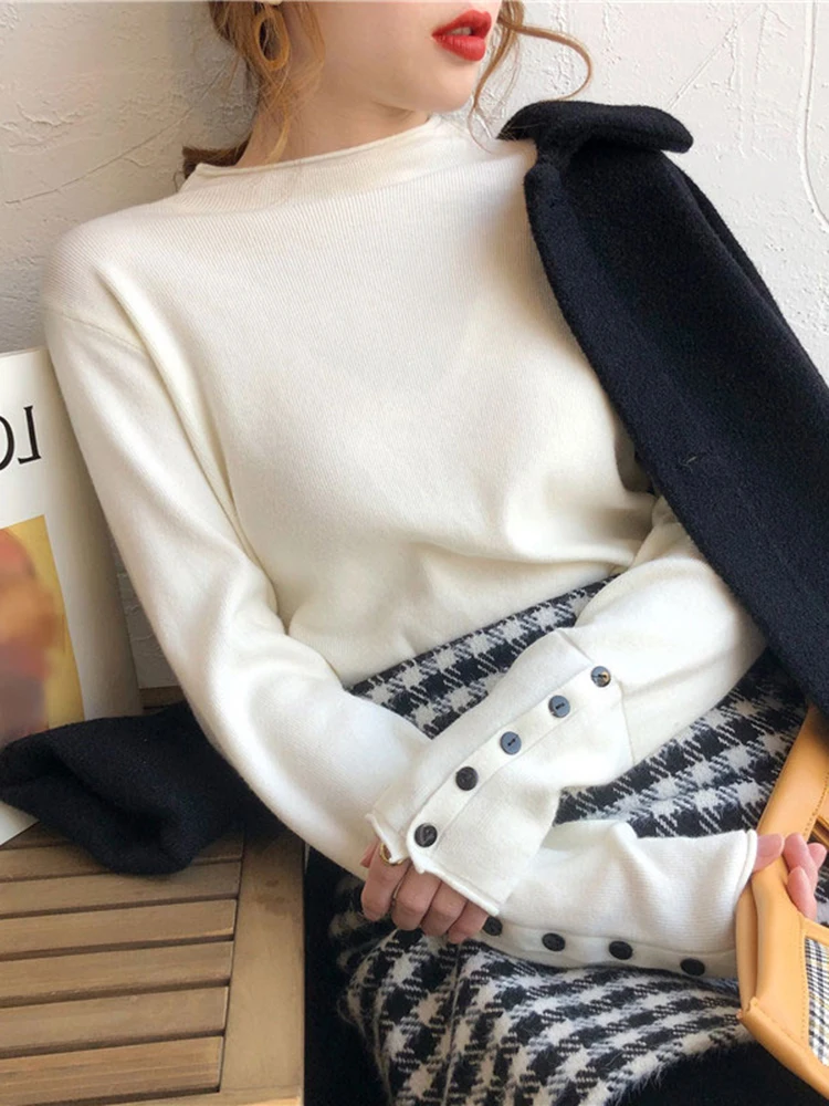 Suéter de punto para mujer, Jersey grueso de manga larga con cuello alto y botones, suave y cálido, otoño e invierno, 2024