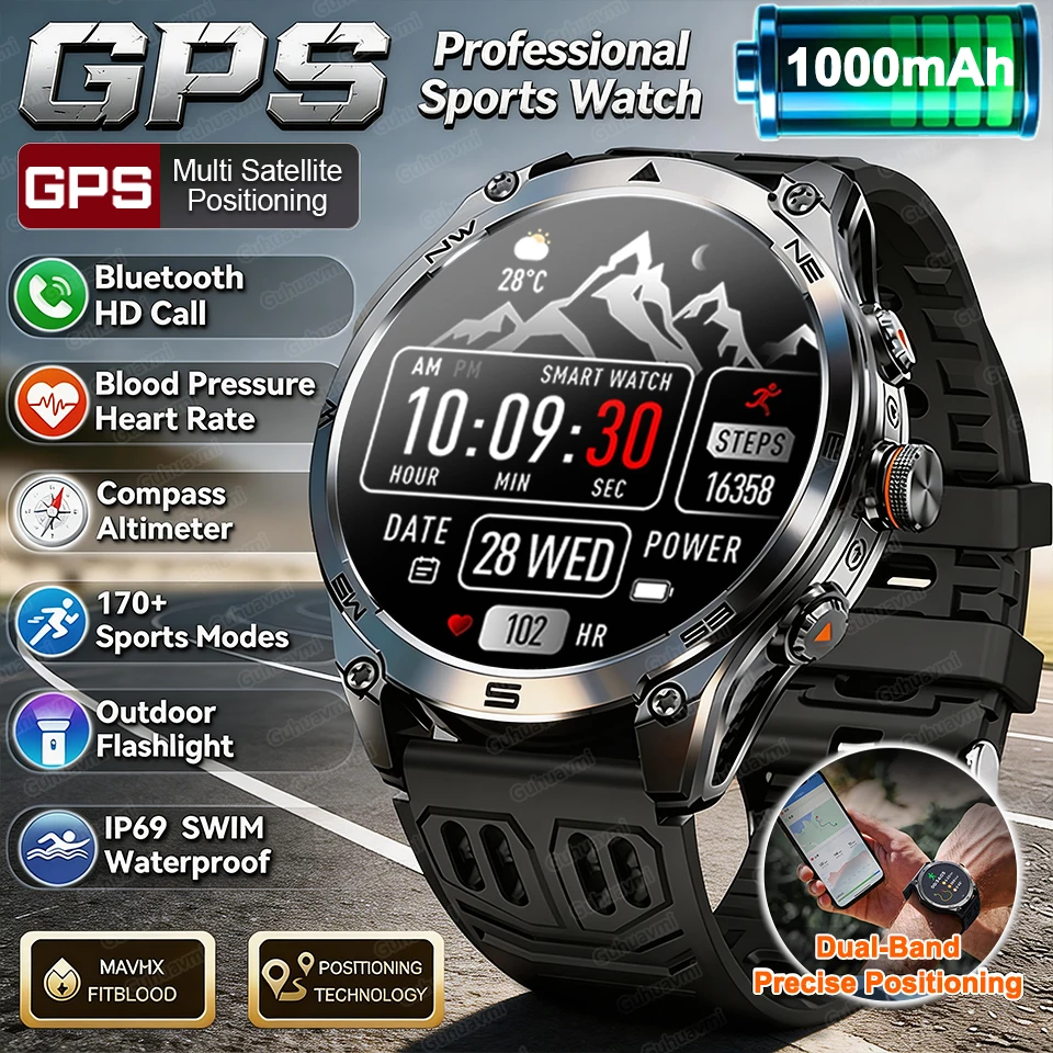 

New GPS Smart Watch 1000Mah Battery GPS Premium Fitness Tracker Compass 10ATM Waterproof Sport Flashlight Smart Watches For man