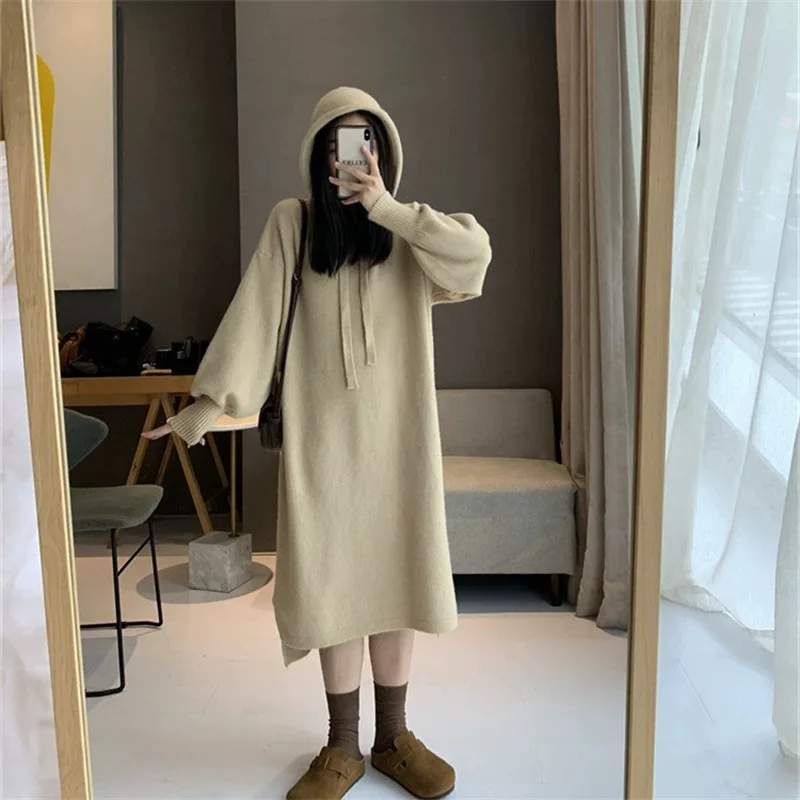 

Mujer Fall Winter Vintage Retro Keep Slim Jumper Dress Hooded Solid Straight Knitted Sweater Dress Loose Women Pullover CQ376