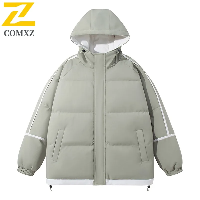COMXZ 2025 الرجال كتلة اللون مخطط مقنعين سترة قطن الشتاء سميكة الدافئة فضفاضة تناسب العصرية الشباب معطف خفيف الوزن