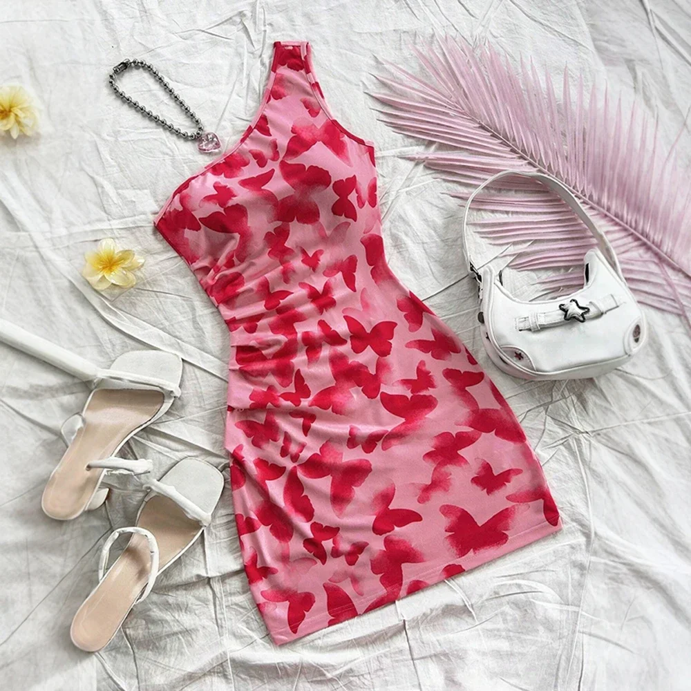 Robes printemps été Hotsweet mode imprimé graphique sans manches une épaule Mini vacances Cami robes pour les femmes