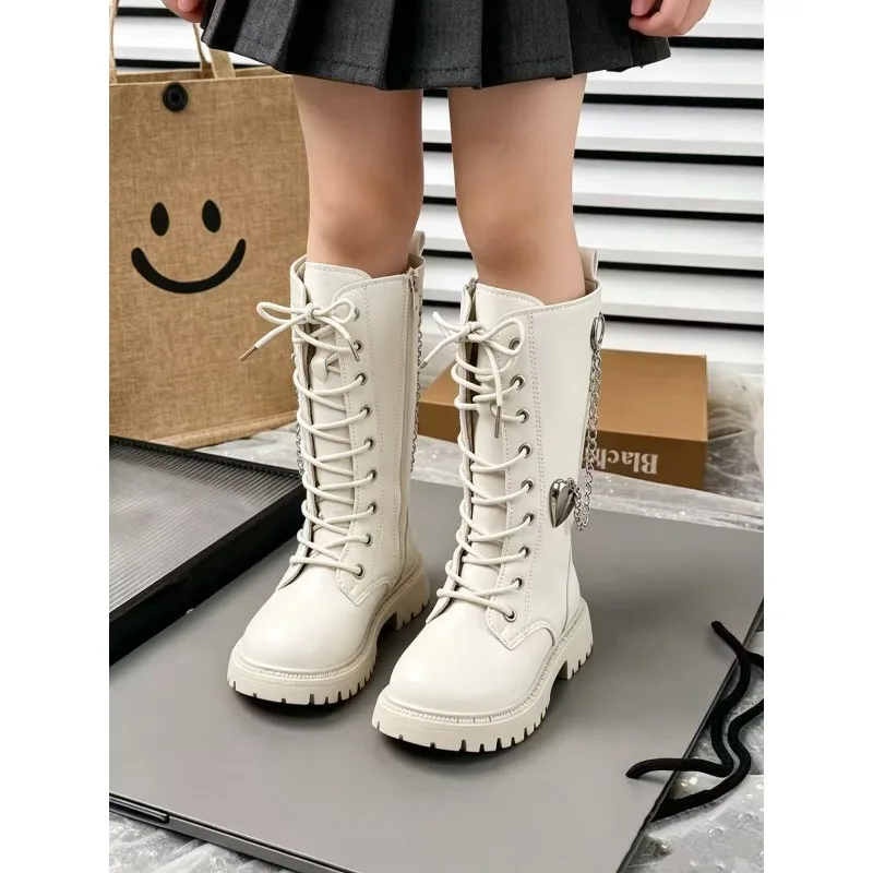 Children's Fashion Knee High Boots Kids Boots with Metal Chain Heart Charm Non-Slip Thick Sole Autumn Winter Girls Boys Shoes