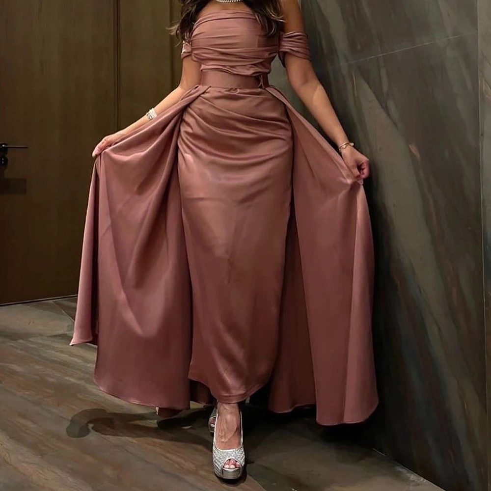 

Customized Satin Straight Off the Shoulder Evening Dress Strapless Floor Length Panel Train Solid Color Vestidos de fiesta