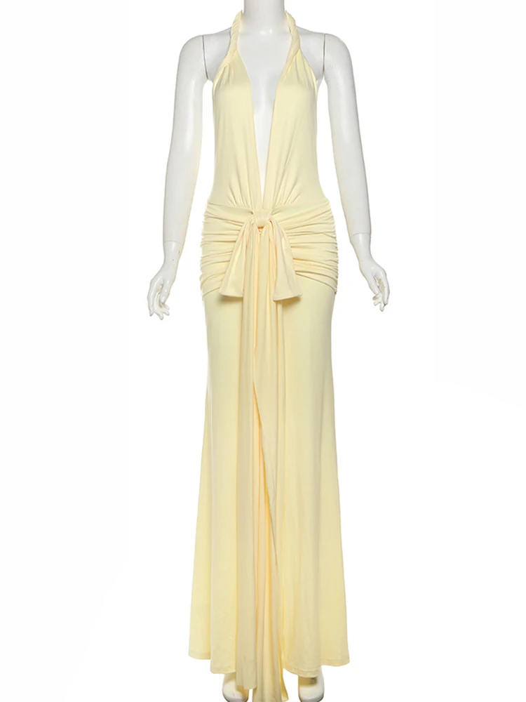 Macheda Sexy Halter Dress Women 2025 Summer Sexy V-Neck Thin Y2K Backless Knot Ribbon Birthday Party Peach Buttocks Long Bodycon