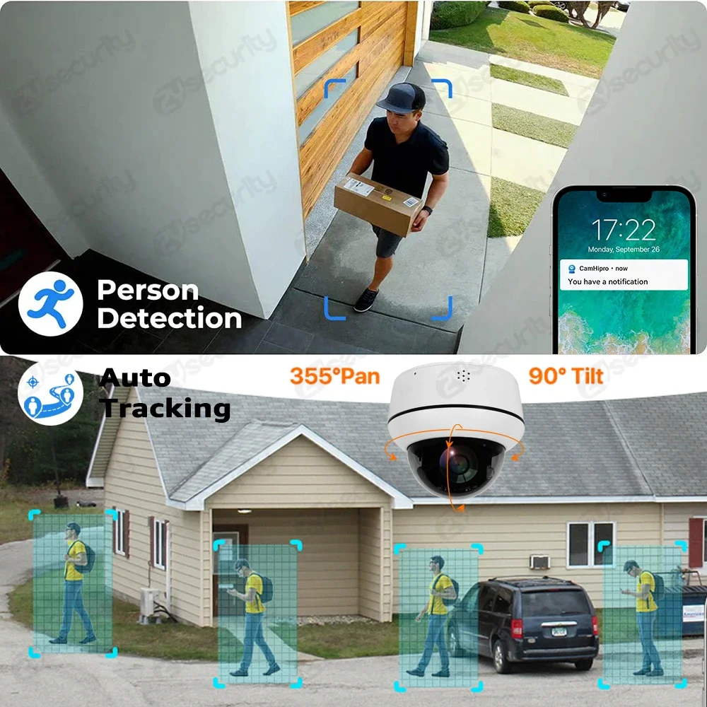 5MP 5x zoom óptico Cámara wifi de domo Exterior Detección humana Seguimiento automático Cámara IP de PTZ Intercomunicador bidireccional Sony CCD Visión nocturna de IR Cámaras de vigilancia de CCTV Aplicación Camhi