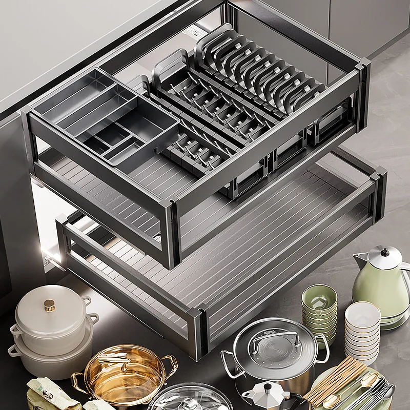 

Basket Kitchen Cabinet Space Aluminum Double-layer Drawer Bowl Rack Storage Seasoning