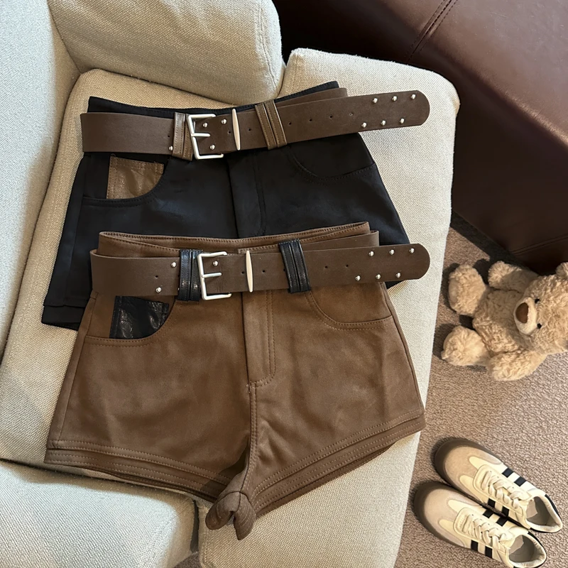 

Женские осенне-зимние шикарные широкие замшевые шорты с высокой талией, женская уличная одежда, однотонные свободные короткие брюки с карманами