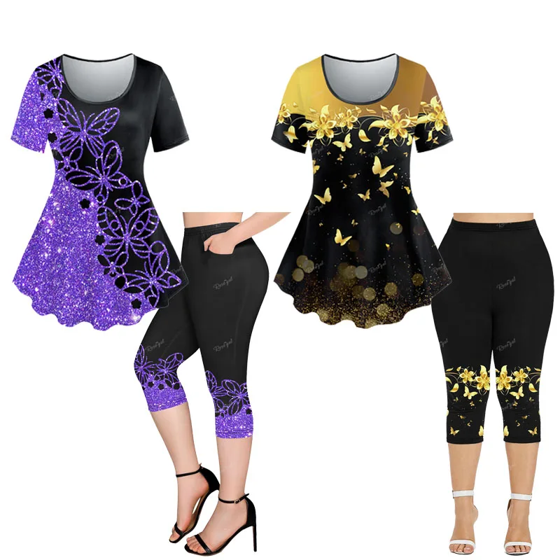 Plus Size Colorblock nadruk z motylem t-shirt lub legginsy Capri kobiet wiosenne letni Top i spodnie dopasuj się do XS-6X