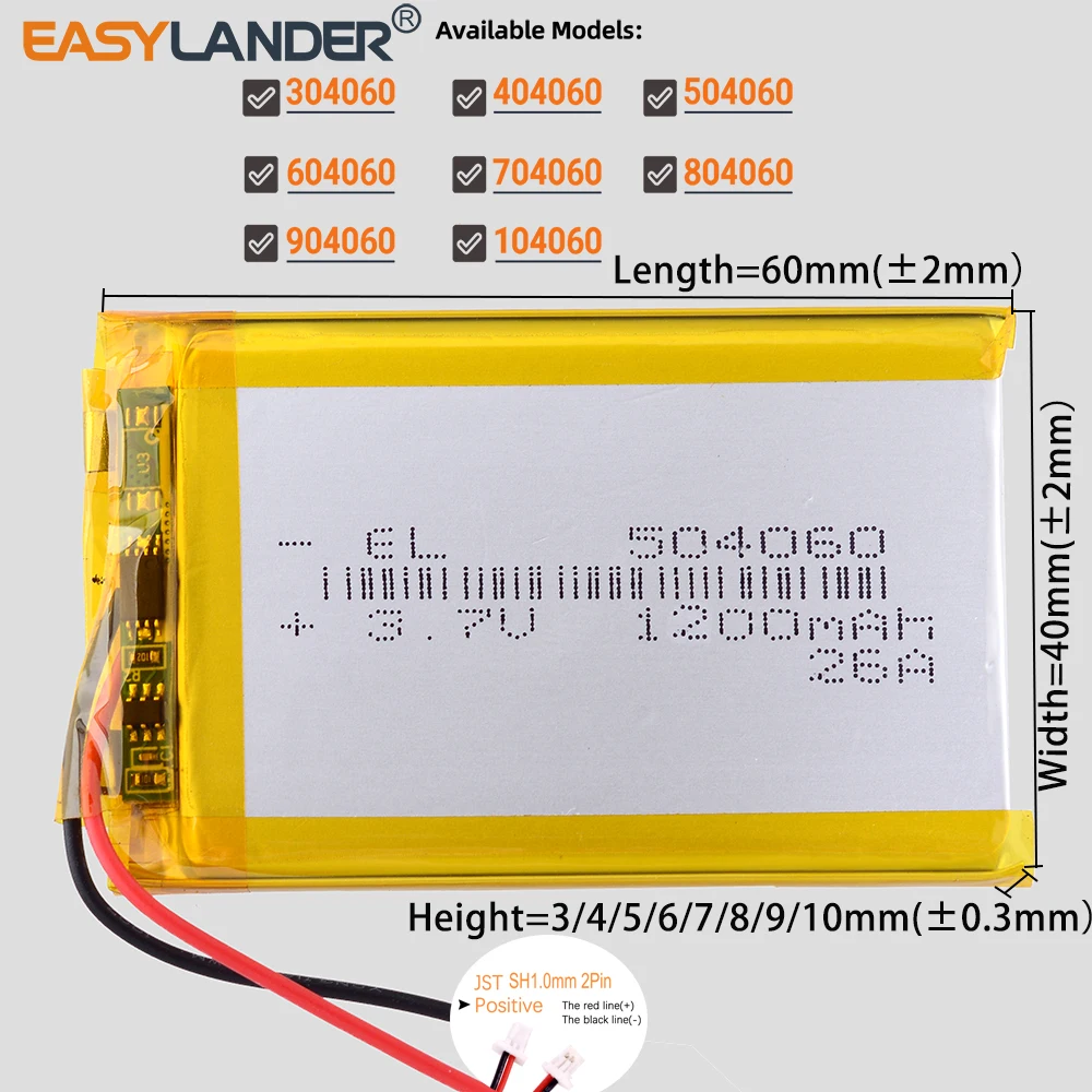 SH1.0mm 2Pin 3.7V 800~3000mAh Lithium Li-ion Lipo Polymer Battery 304060 404060 504060  704060 604060 104060 804060 904060