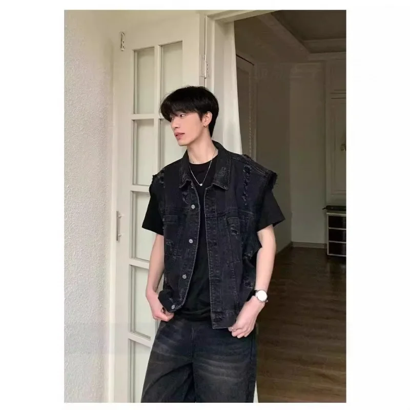 가을 미국 레트로 디스트레스드 베스트 남성 디자인 트렌드 루즈 슬리브리스 탑