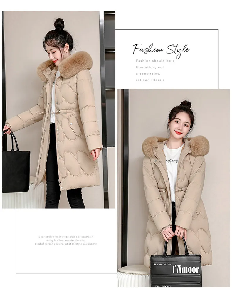 2026 Winter New Fur Collar Puffer Down Parka Loose Long Hooded Warmer Thicken Snow Jacket Pocket Zipper Outerwear Female