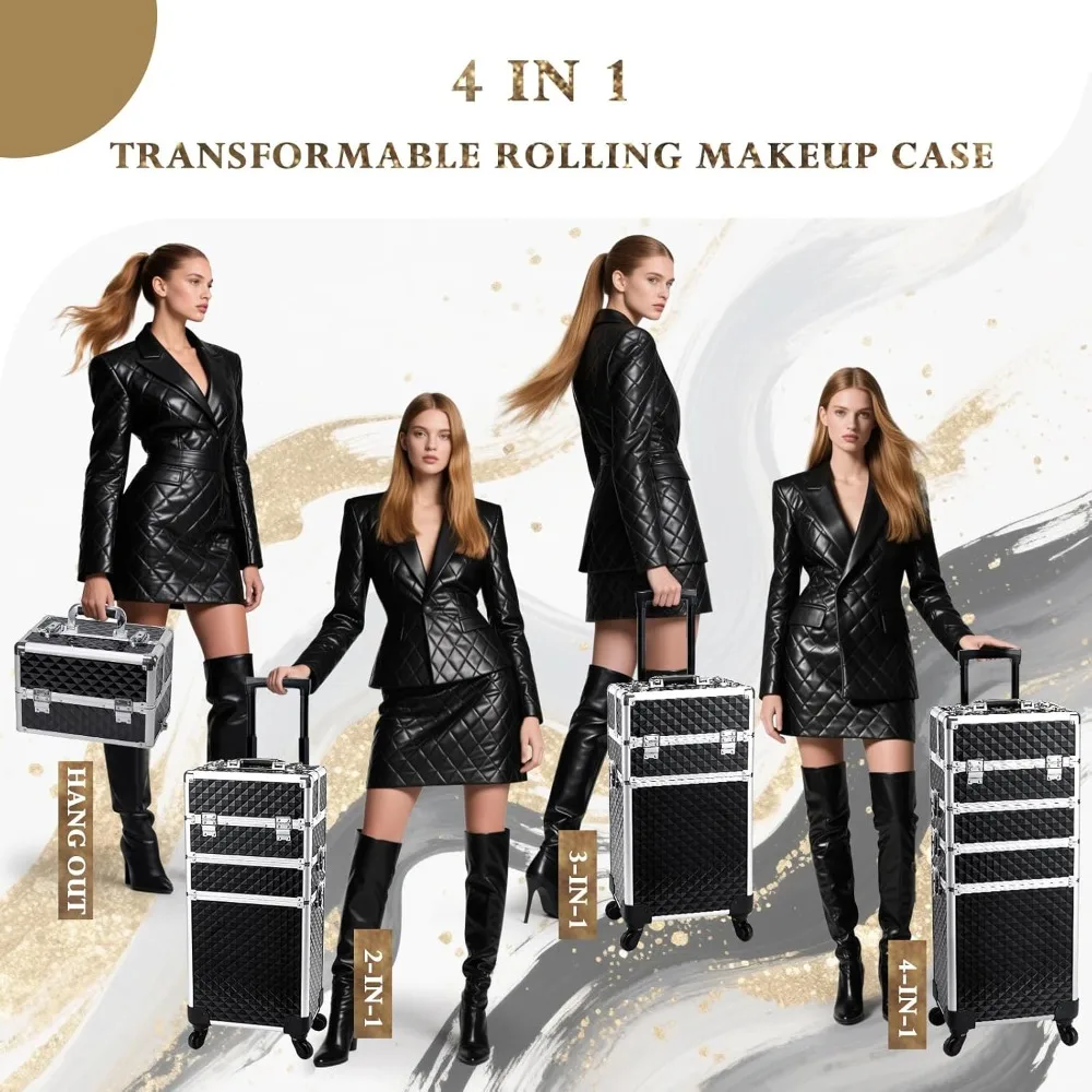 

4 in 1 Large Rolling Makeup Case Cosmetic Organizer Train Case with Wheels Nail Salon Storage Travel Trunk Cart Black