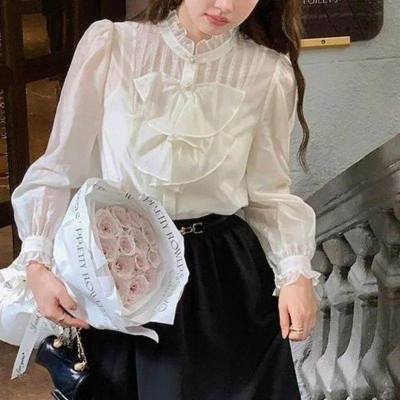 

Vintage High Street Blusas Mujer De Moda 2023 Stand Neck Chic Bowknot Gentle Blouses Single-breasted Ruffles French Shirts