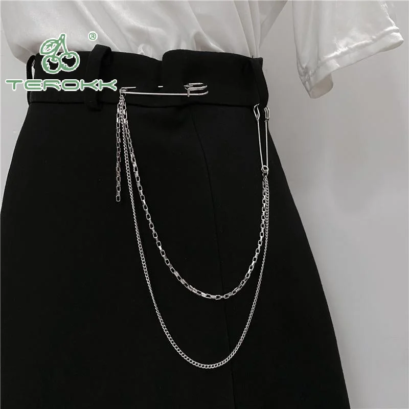 جديد الشرير مزدوجة الطبقات السراويل سلسلة مع بروش دبوس للنساء الرجال الهيب هوب الخصر سلسلة فستان مجوهرات القوطية روك اكسسوارات