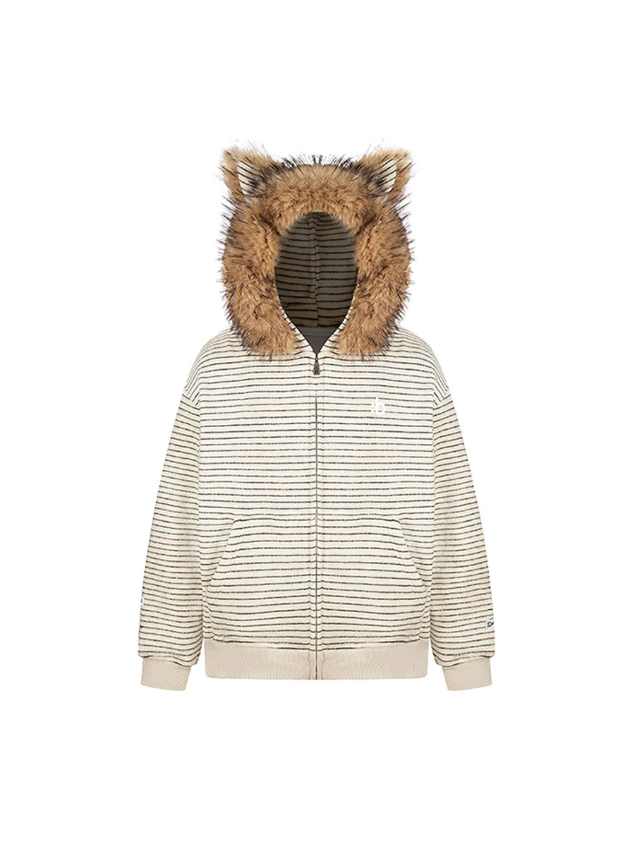 

Korean-style Striped Detachable Fur Collar Hooded Sweatshirt For Women In The Laid-back Autumn Style, Loose And Casual Cardigan