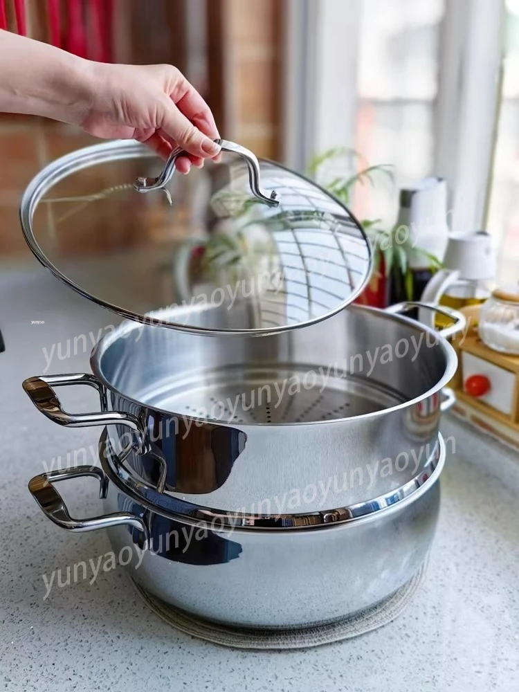 28cm 18/10 Stainless Steel Steamer Thickened Composite Bottom Pot for Induction Gas Stove Food Grade Home Kitchen Cooking Tool