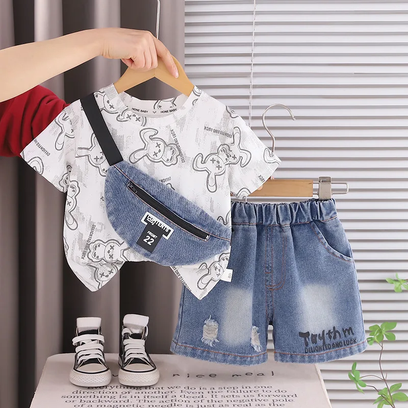 Trendy Toddler Boys Outfits Summer Cartoon Rabbit Short Sleeve T-shirt + Denim Shorts + Fanny Pack 3pcs Kids Casual Clothing Set