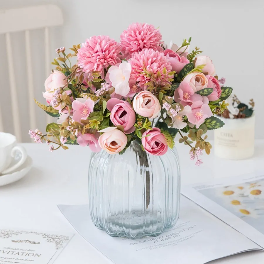 Artificial Flowers Tea Rose Buds Bouquet Diy Candy Box Vase for Home Decor Valentine Garland Wedding Silk Hydrangea Fake Flowers