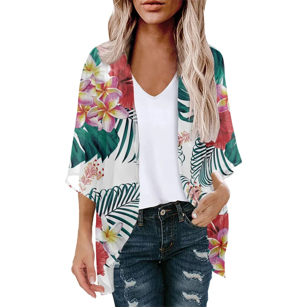 New Women\'S Floral Print Short Sleeve Kimono Cardigan Loose Swimsuit Cover Up Casual Blouse Tunic Transparent Tops Beach Outing