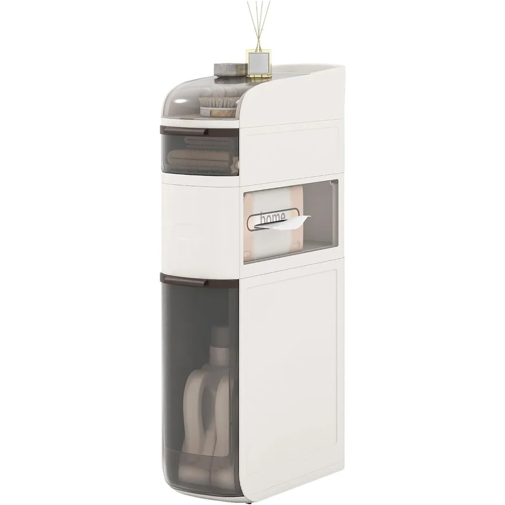 

4-Tiers Narrow Bathroom Storage Cabinet, Slim Rolling Toilet Paper Organizer w/Drawers, Tissue Box, Movable Plastic Stor