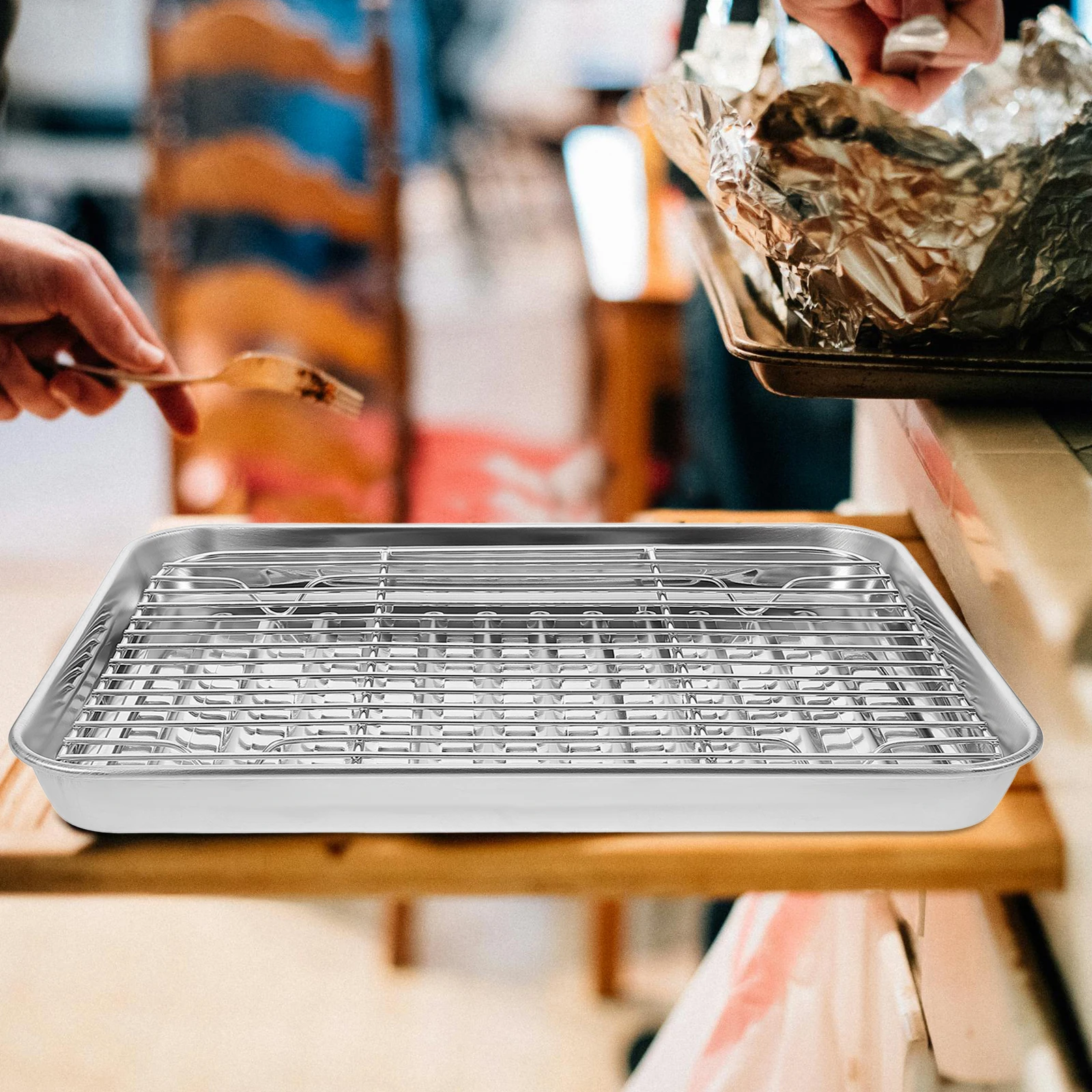 

1 set 1 Set Stainless Steel Baking Tray With Rack Oven Roasting Plate Oil Draining Serving Dish For Fried Chicken French Fries