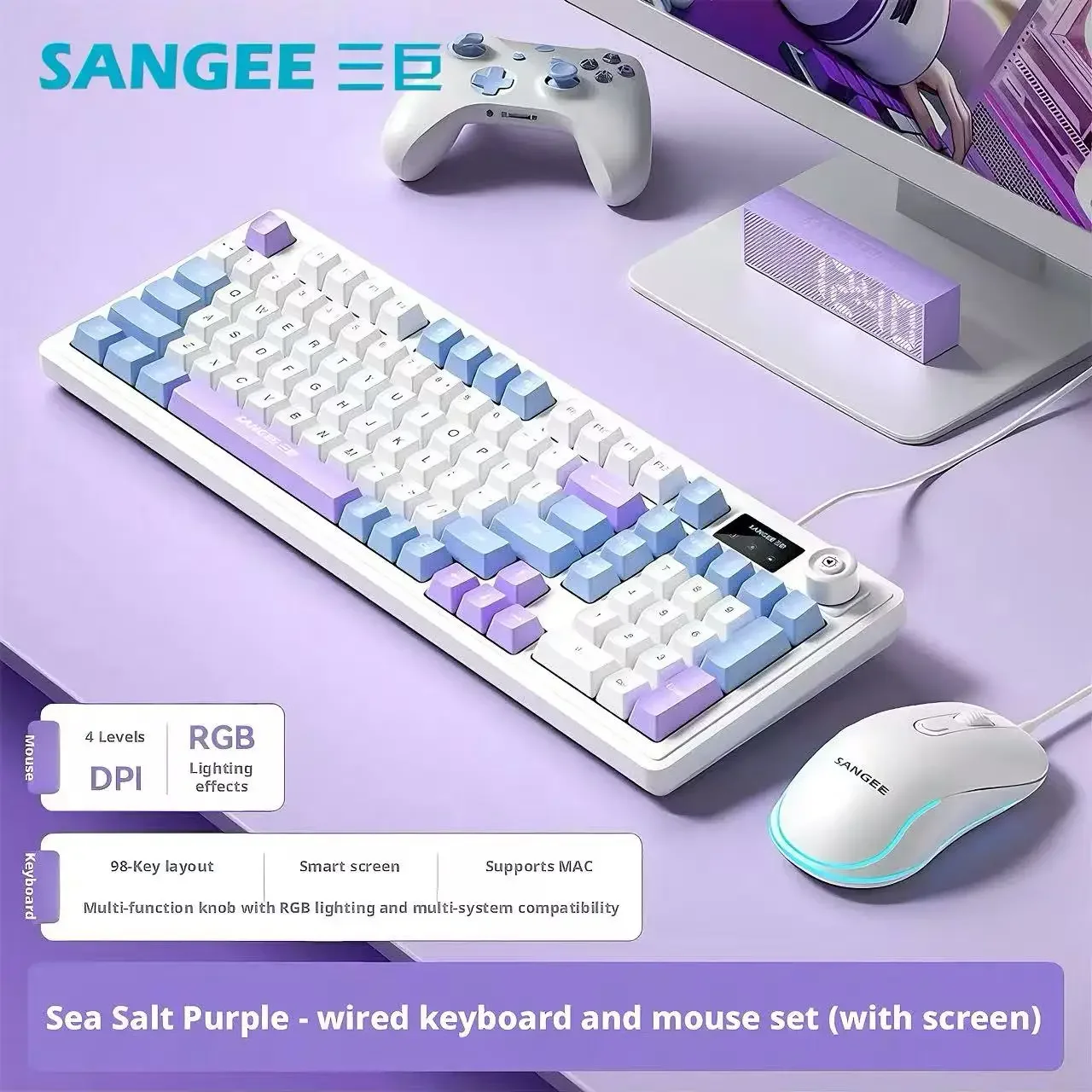 

SANGEE Wired 98 Keys Keyboard Mouse Combo with LCD Screen Mechanical Feel RGB Backlit Silent Gaming Office Kit for PC Laptop