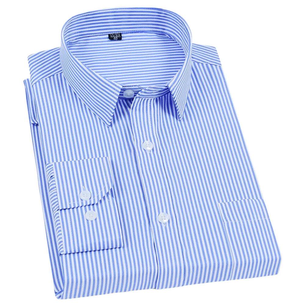 Men's Classic Long Sleeve Vertical Striped Dress Shirt, Non-Stretch Button-Up with Chest Pocket, All-Season Business Formal Wear