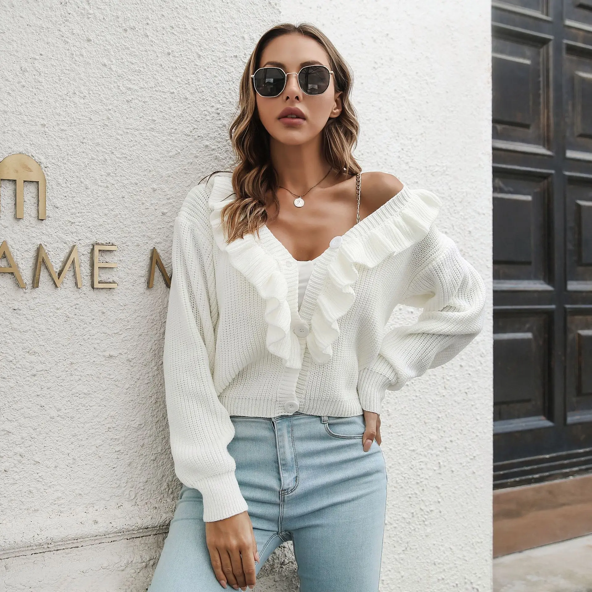 Long Sleeve Elegant Women Blouses Top Autumn Winter Lady Office Work Ruffles V-Neck Knitting Shirt Coat Casual Loose White Blusa