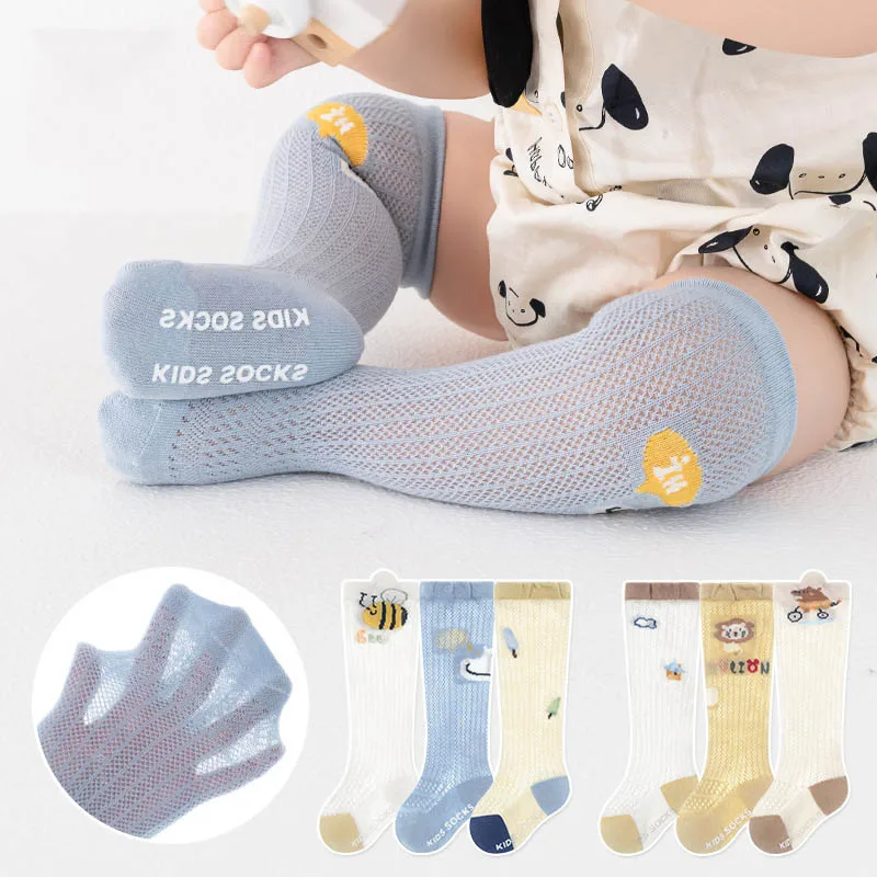 3Pairs/Lot Newborn Girls Long Mesh Socks Cool Thin Children Cotton Over Knee High Socks Summer Cartoon Print Non-slip Socks Pack