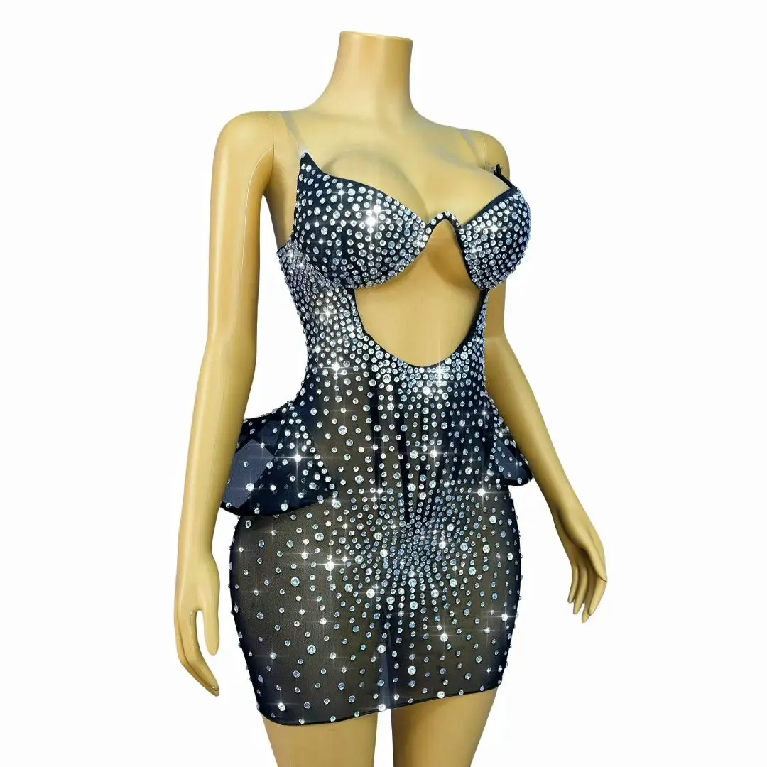 Robe fourreau Sexy sans bretelles pour fête d'anniversaire, avec strass, découpée, pour Cocktail, bal de promo, Mini robe de soirée, Costume de danseuse Gogo
