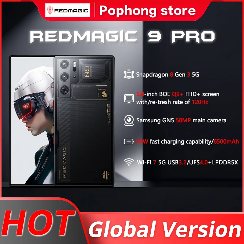 Versione globale RedMagic 9 Pro 5G Phone 6.8" Q9+ Full Flat FHD+ Telefono da gioco Snapdragon 8 Gen 3 6500mAh 80W Carica 50MP