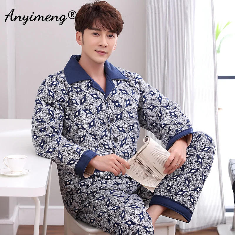 Winter Men Pajama Sets Thick Warm Three Layer Cotton Wine Red Pajama Plus Size L-3XL Nightwear Three Layer Cotton Man Pijamas