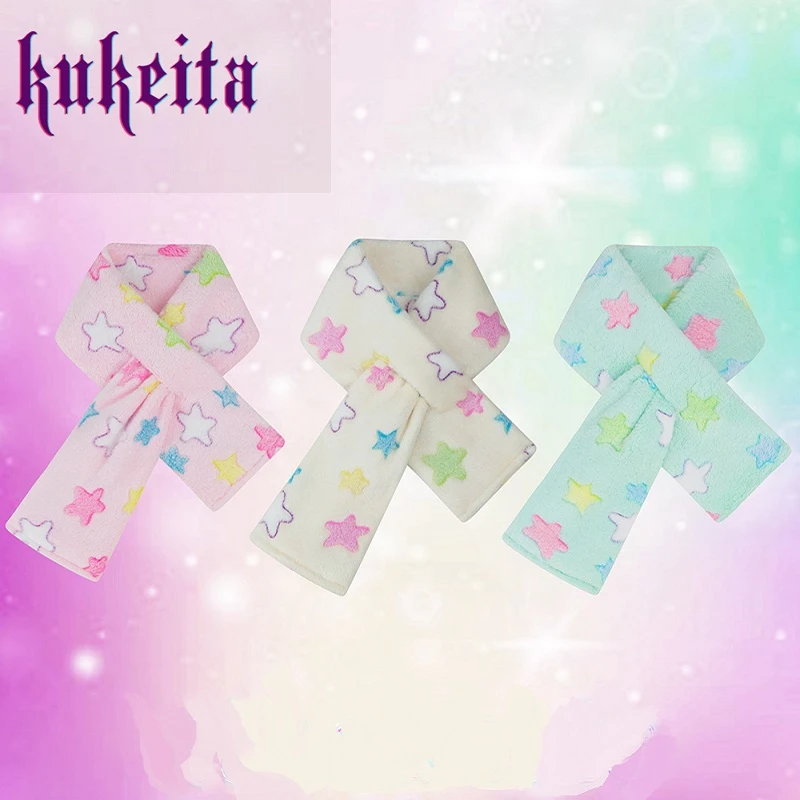 Kukeita Japanese Harajuku Lovely Pink Beige Green Star Scarf Women Girls Autumn Winter Warm Soft Plush Scarves  Streetwear