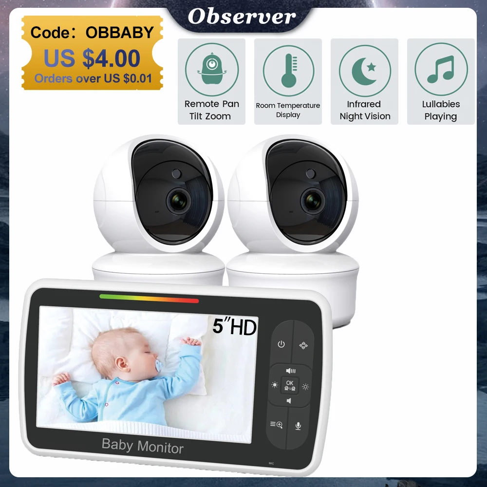 5 Inch Video Baby Monitor with 2PCS Camera Remote Control Pan-Tilt Nanny Cam Mother Kids Surveillance 2-way Audio Baby SM650 Kit